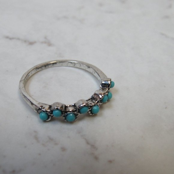 Turquoise Lined Silver Tone Ring Size 9 - Picture 3 of 7